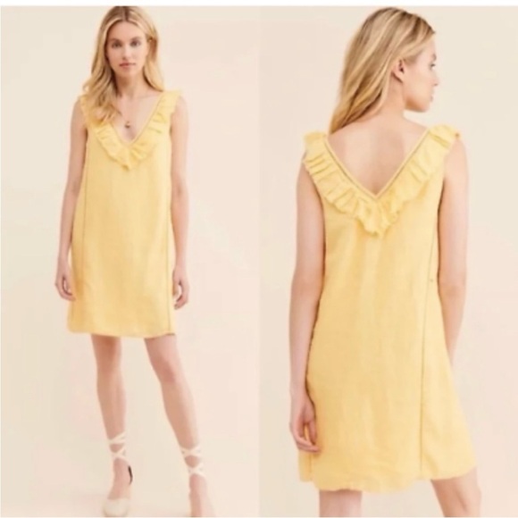 Faherty Ellis Sleeveless Ruffle Yellow Linen Shift Mini Dress Size medium - Picture 1 of 6
